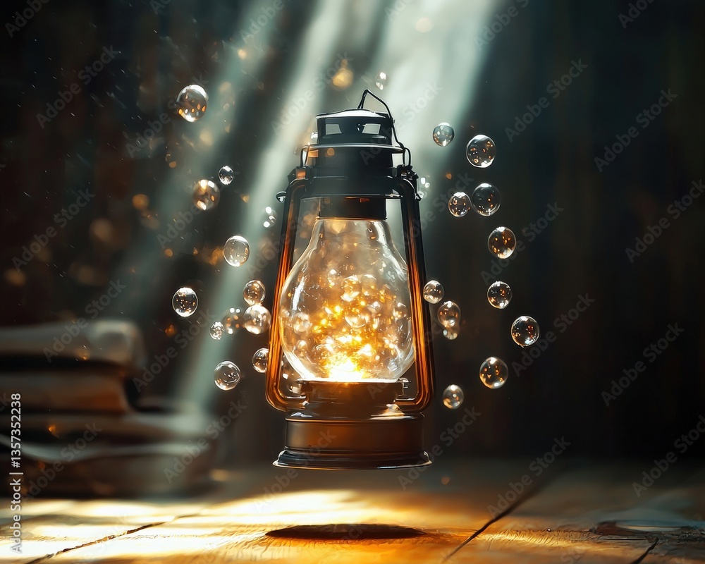 Poster a lantern casting rays that transform into floating speech bubbles, symbolizing the spread of wisdom