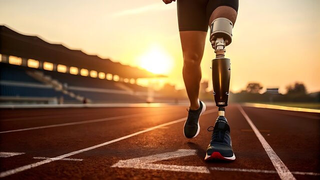 Adaptive athlete with prosthetic leg running on  track during sunset, symbolizing determination, resilience, and the power of perseverance in sports and life. - Powered by Adobe