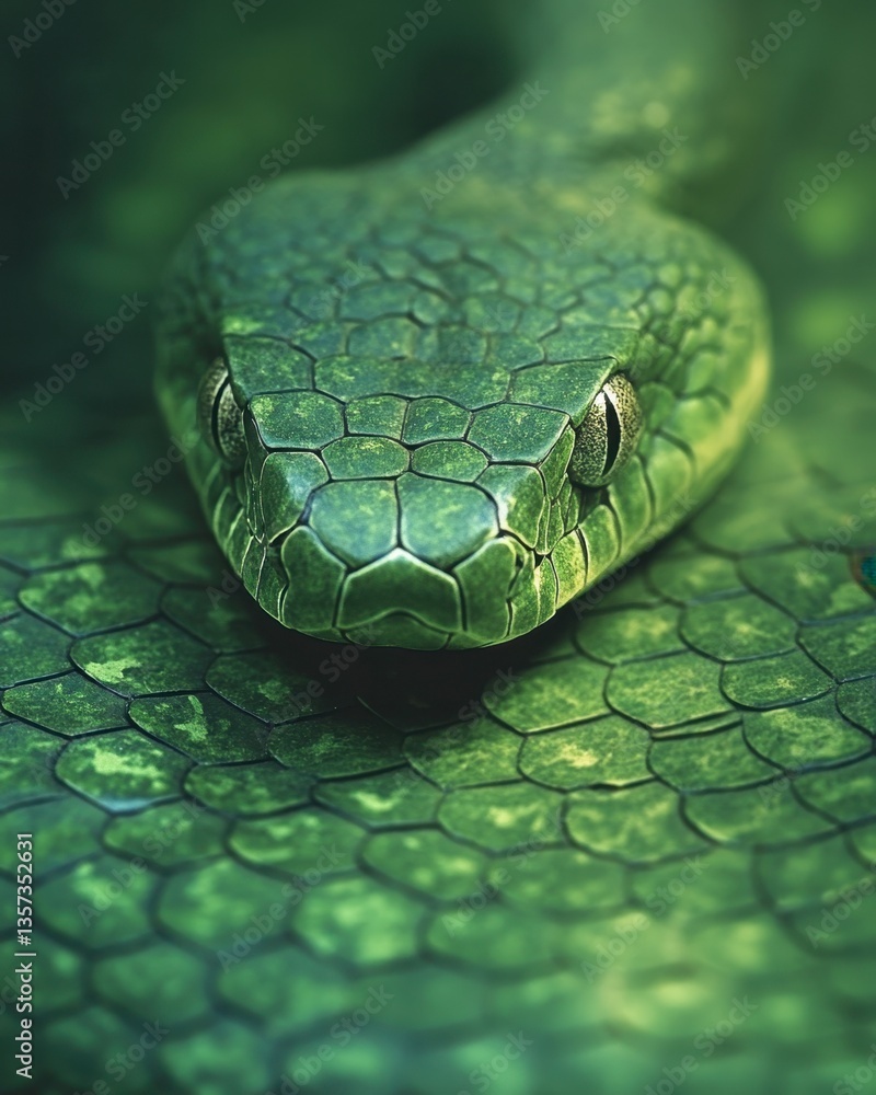 Poster close up of a venomous green pit viper snake with detailed scales and striking eyes in a natural hab