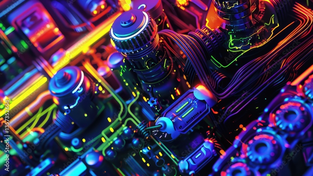 Poster close-up view of a complex circuit board with glowing lights. macro photograph of skyscraper and tow