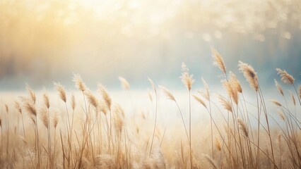 Serene Meadow Landscape Golden Hour Illumination on Delicate Wild Grass Stalks Swaying Gently in a Soft Breeze, Creating a Peaceful and Tranquil Atmosphere