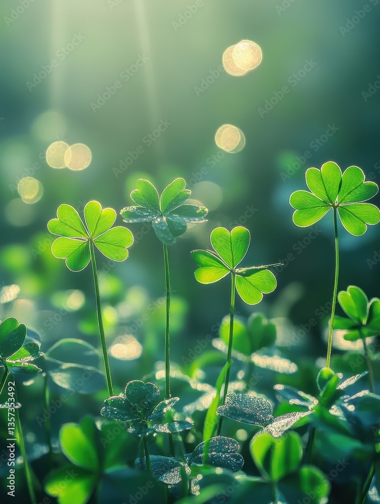 Poster serene clover field bathed in soft sunlight capturing the essence of spring with lush greenery and b