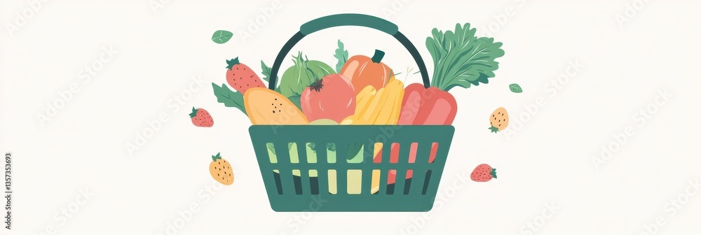 Aufkleber Minimalistic illustration of a green shopping basket filled with fresh fruits and vegetables on a soft pastel background Generative AI