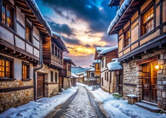Obraz premium Snowy Bansko Old Town: Charming Narrow Street in Winter Wonderland