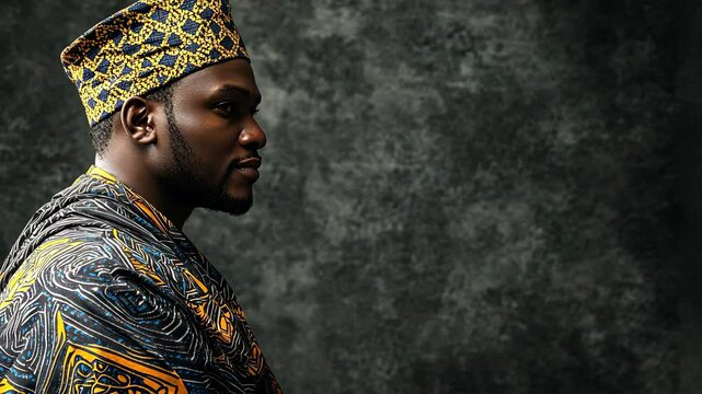 Confident African man wearing a richly patterned agbada and matching hat.