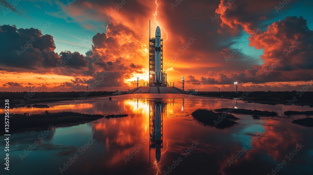 Poster a rocket is poised on its launch pad under a dramatic sunset. storm clouds gather as lightning strea
