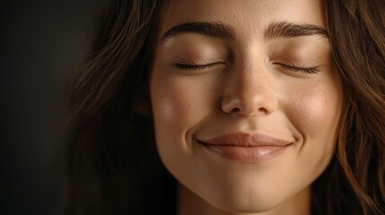 Fototapeta premium Woman smiling emotionally indoor studio portrait photography soft lighting close-up view joyful expression