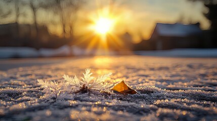 Winter Landscape with Frosty Leaves and Sunrise on Snowy Ground