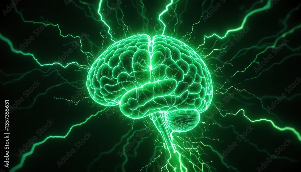Poster intense green brain visualization dynamic energy and neural pathways