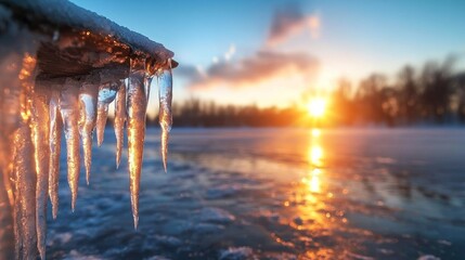 Winter Landscape with Icicles and Sunset Over Frozen Lake