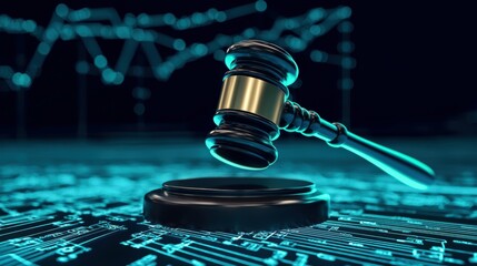 Legal proceedings and technology integration courtroom digital art high-tech environment close-up perspective