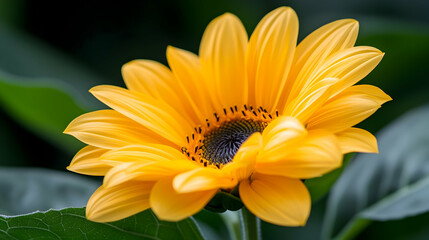Fototapeta premium Close-Up of a Radiant Yellow Sunflower with Dew Drops