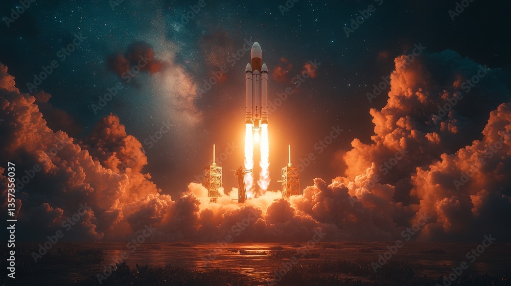 Poster a rocket lifts off from a launch pad, surrounded by thick clouds and a starry sky, showcasing the in