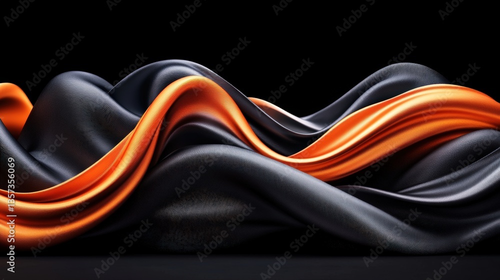 Poster abstract image of flowing black and burnt orange fabric waves undulating gracefully against a deep b