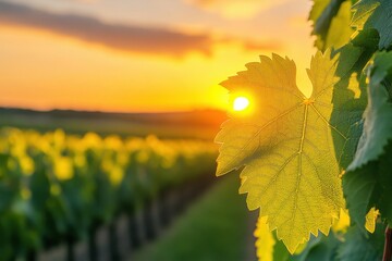 Obraz premium Golden sunset through vineyard leaf creating a warm and inviting atmosphere in a scenic landscape, captured in a close up shot with soft focus and vibrant colors
