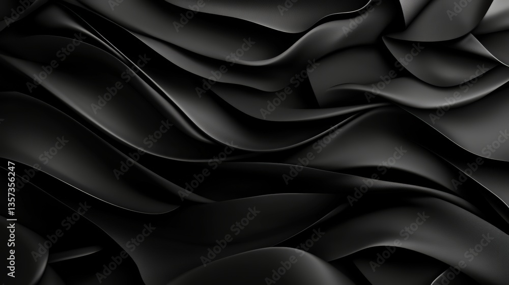 Poster abstract flowing black forms creating a textured dimensional pattern with undulating shapes and intr