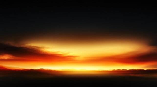 A breathtaking sunset radiating fiery orange and red hues over a dark silhouetted landscape under a dramatic and heavily clouded sky above it all