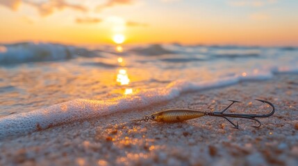 Golden fishing lure on sandy beach at sunset.