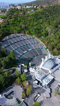 Vertical aerial view of John Anson Ford Theatre in Hollywood Hills, Los Angeles