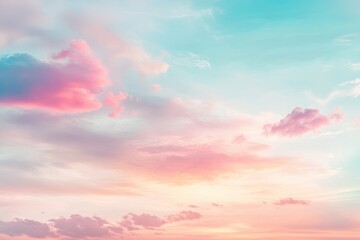 Obraz premium A dreamy pastel sky at sunset, soft clouds painted with pink and blue hues, a serene and peaceful moment captured in gentle light.