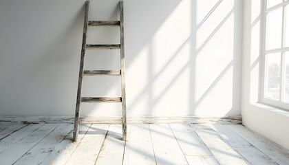 Wooden ladder against white wall. A weathered wooden ladder leans against a white wall, sunbeams peek through a nearby window casting soft shadows. Each rung is made of rustic wood