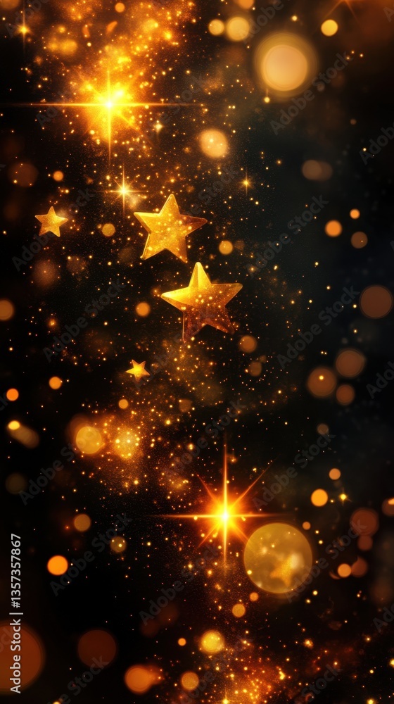 Poster golden stars and sparkling particles on a dark background creating a festive and magical atmosphere