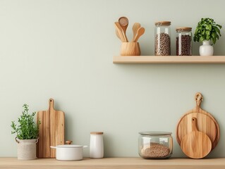 Artistic rendering of a balanced vegetarian diet in a minimalistic ecokitchen