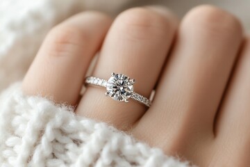 Woman's Hand Wearing Diamond Engagement Ring on Finger Close Up