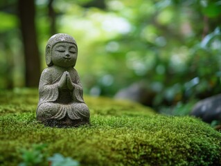 Fototapeta premium Stone statue in moss garden with natural window light and negative space above