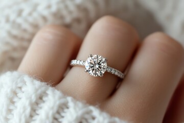 Engagement Ring on Finger Close Up Showing Diamond and Sweater Texture