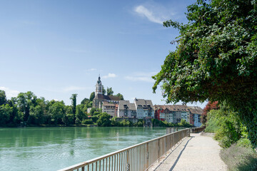 Laufenburg (Aargau) in Switzerland, St. Johan's Church overlooking the historic old town. View from...