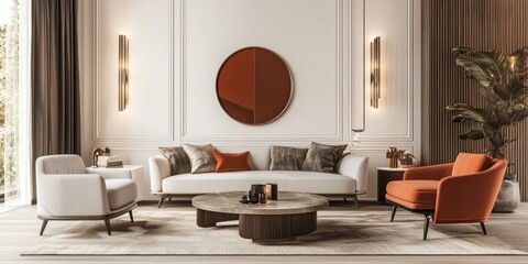 An elegant living room shows contemporary decor and furniture beautifully
