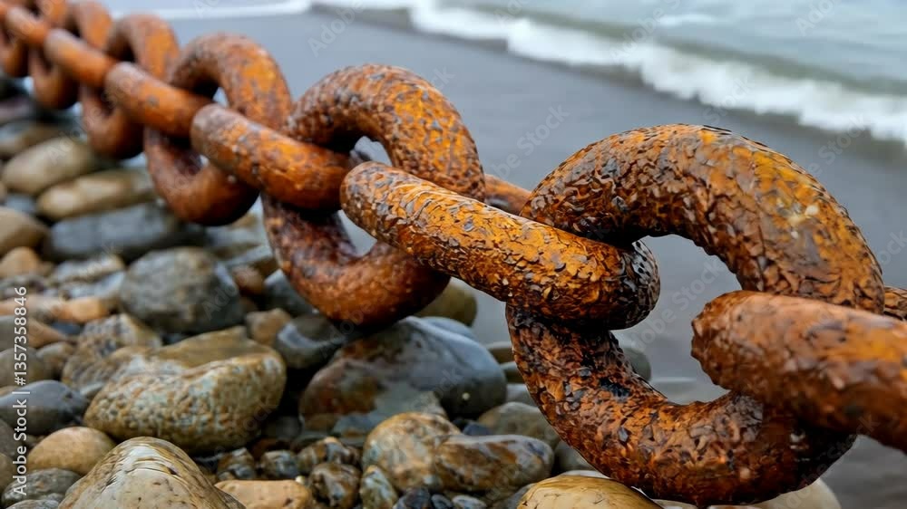 Poster rusty chain links resting on pebbles by the shoreline as waves crash on a cloudy day