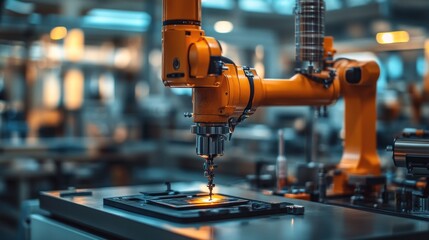 Automated Manufacturing Process with Robotic Arm.  A close-up view of a robotic arm performing a precision task in a modern factory environment