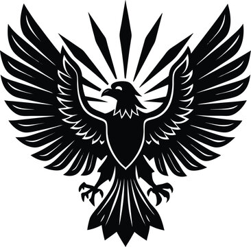A black vector illustration depicts a flying eagle with outstretched wings, a powerful symbol of freedom