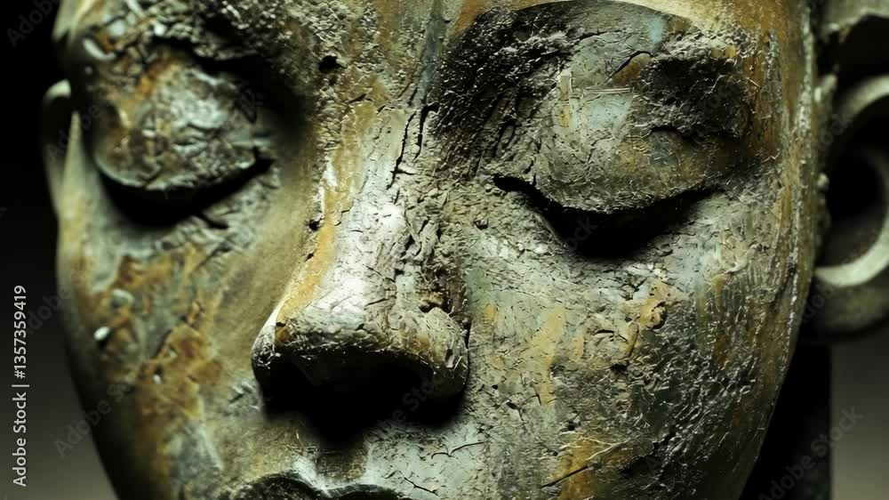 Poster sculpture of a serene face showcasing intricate details of texture and expression in a muted setting