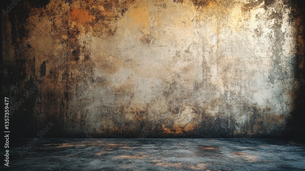 Poster a distressed wall with faded paint and a dark floor creating a moody and textured backdrop scene