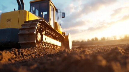 Heavy machinery working on a construction site at sunset with clouds in the background