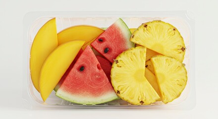 Sliced Mango Watermelon and Pineapple in Plastic Container on White