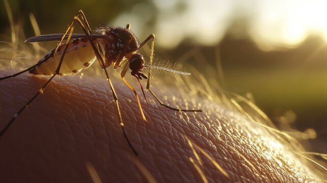 Mosquito on forearm serene outdoor setting discomfort and curiosity theme
