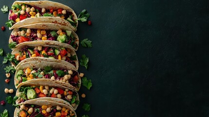 Vegetarian tacos arranged in a geometric pattern, symbolizing balance and sustainability