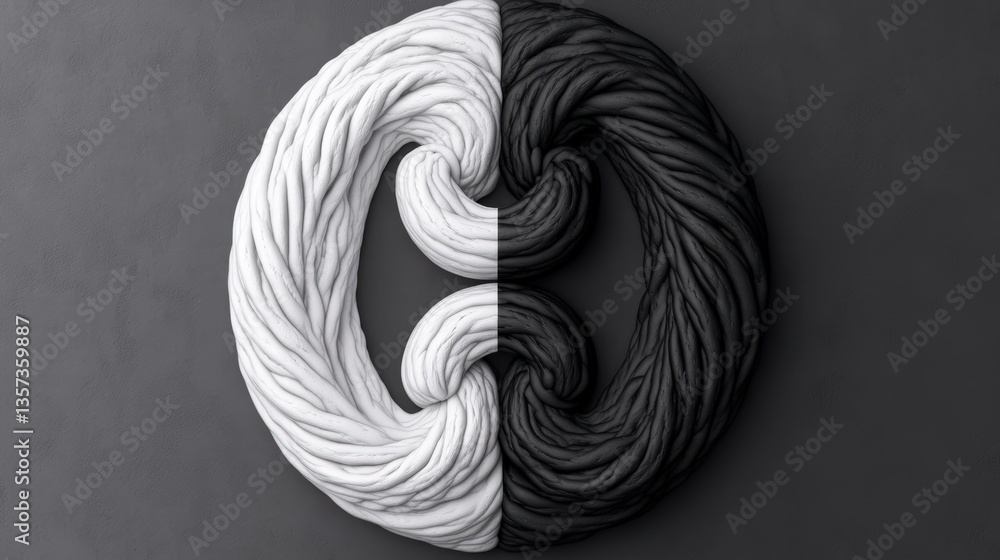 Poster monochromatic close-up of interwoven black and white strands creating a circular yin-yang design on 