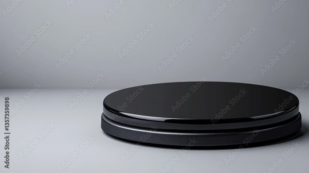 Poster a modern sleek two-tiered black platform with a smooth circular design positioned on a light gray su