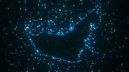 Futuristic digital visualization of United Arab Emirates map composed of glowing blue particles. The abstract cosmic design gives a sci-fi atmosphere with a modern and technological feel.