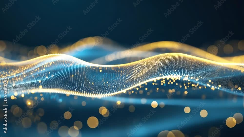 Poster abstract glowing waves of blue and gold light particles creating a mesmerizing digital landscape wit