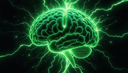 Obraz premium Luminous Green Brain Visualization of Neural Energy and Electric Activity