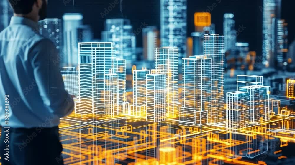 Poster professional man observing digital skyline with holographic buildings and urban visualization techno
