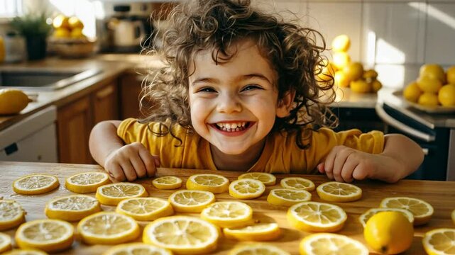Happy child smiles joyfully surrounded by fresh lemons in a bright kitchen, capturing carefree moments with fruity delight and laughter in a vibrant setting.