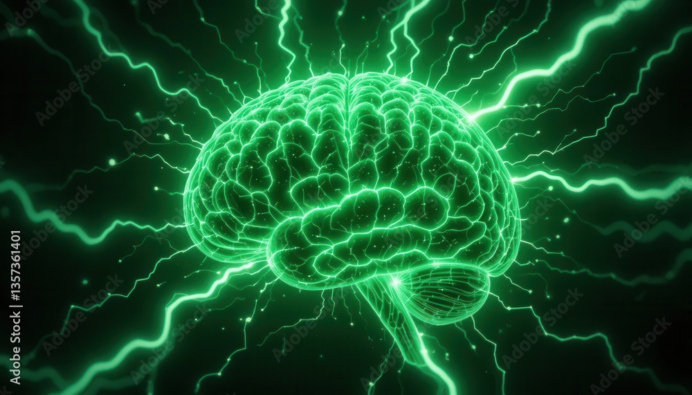 Aufkleber dynamic brain visualization glowing green neural network with electric arcs