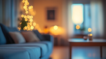 Blurred living room with couch christmas tree lights and table creating a cozy atmosphere home